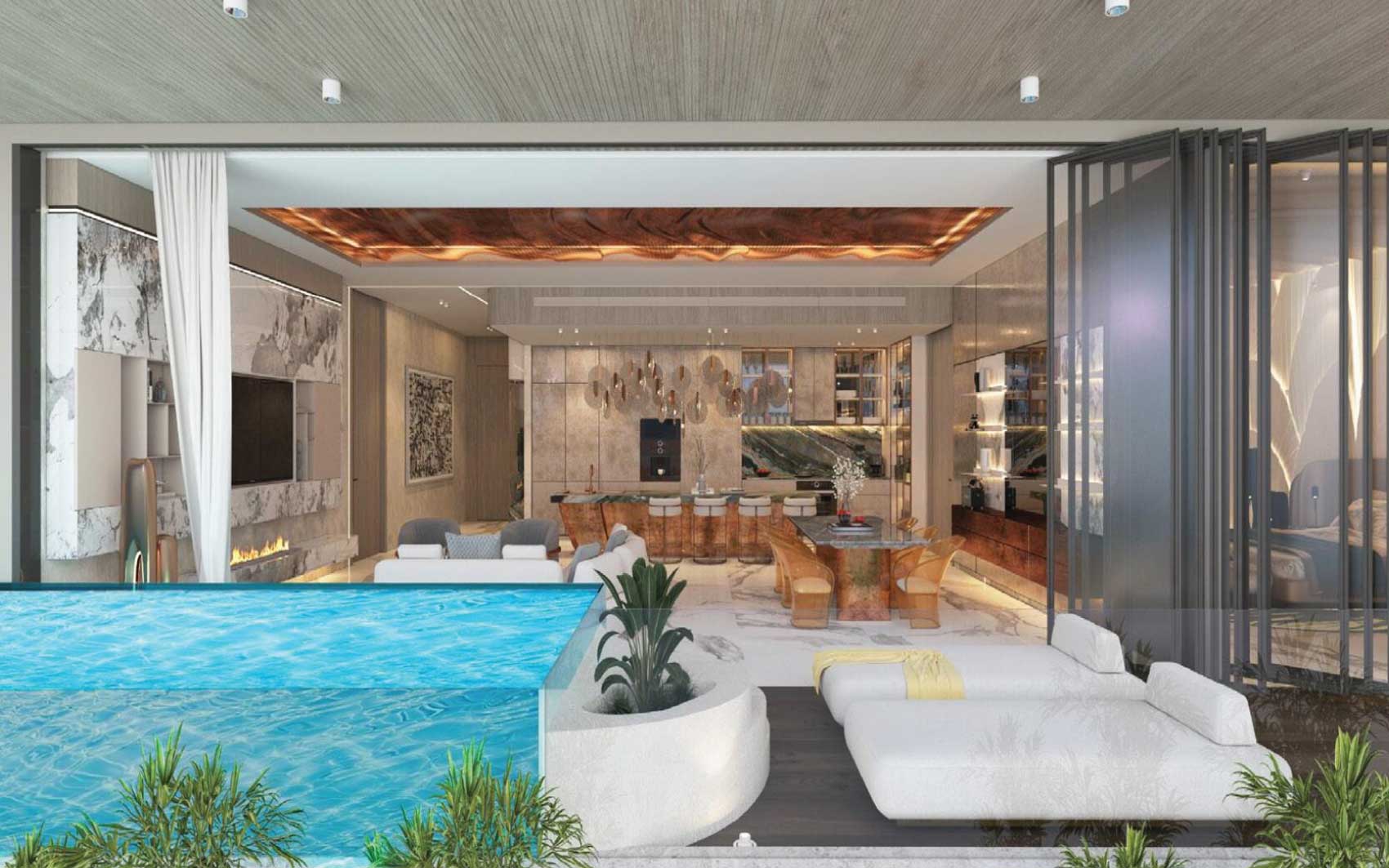 Luxury open-plan living area with infinity pool and contemporary interior design