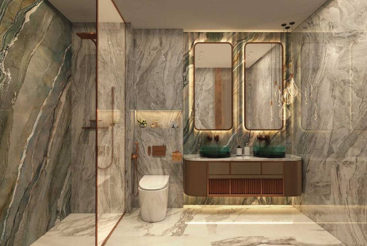 Luxurious marble bathroom with double vanity and glass shower enclosure