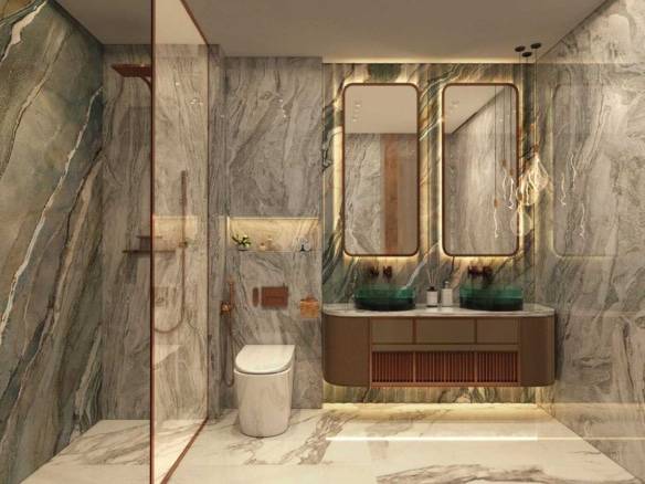 Luxurious marble bathroom with double vanity and glass shower enclosure