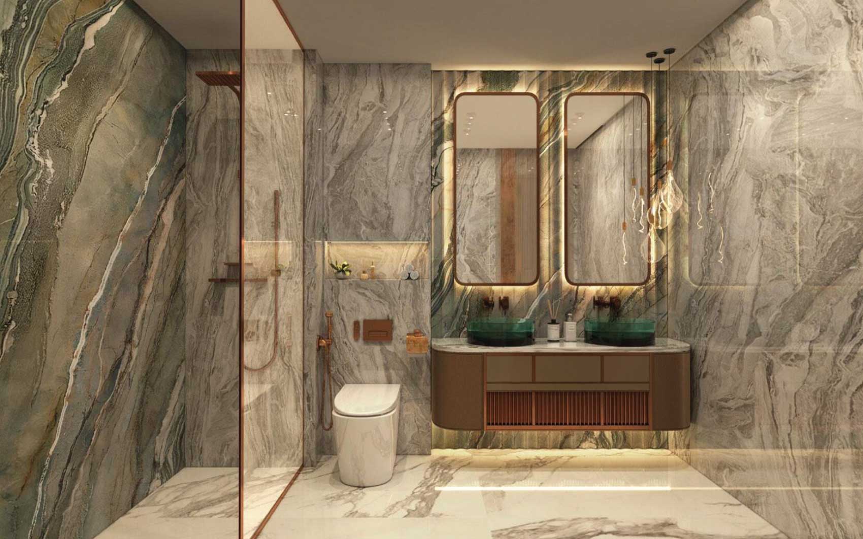 Luxurious marble bathroom with double vanity and glass shower enclosure