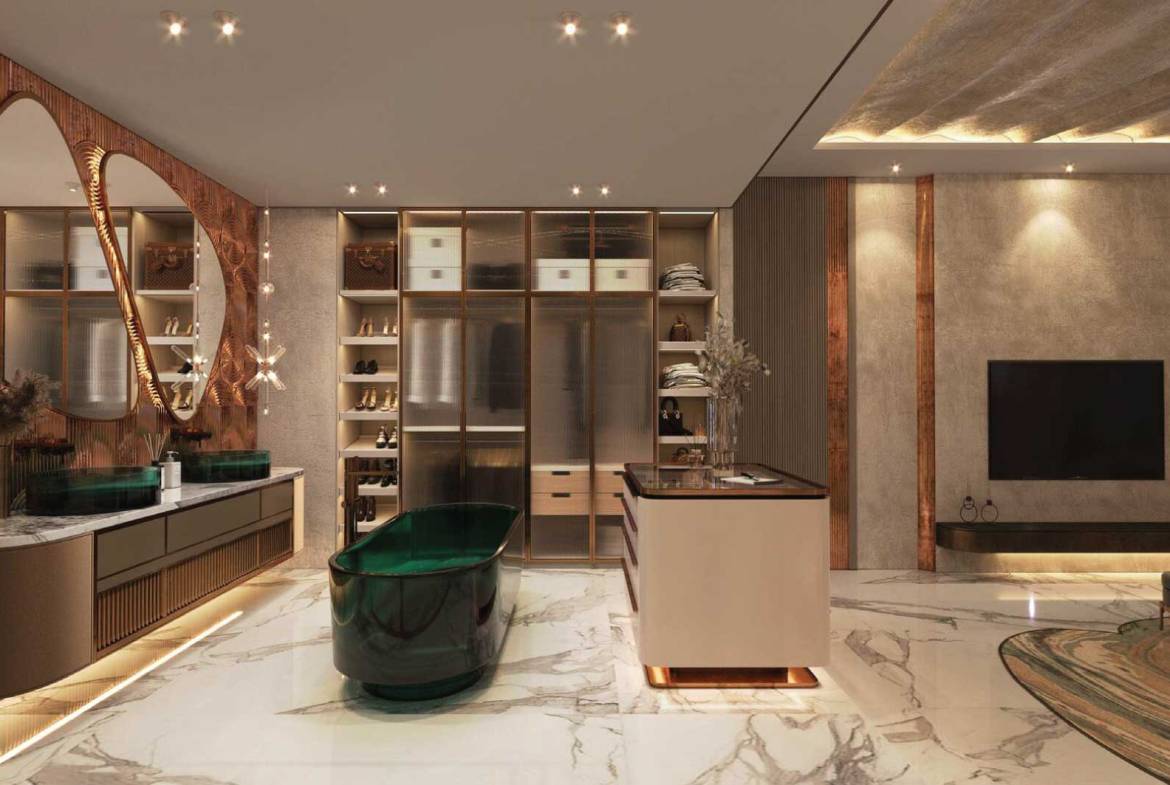 Opulent walk-in closet with green freestanding bathtub and marble flooring