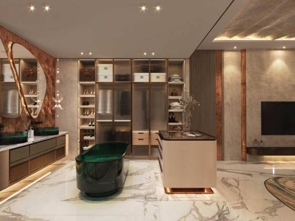 Opulent walk-in closet with green freestanding bathtub and marble flooring