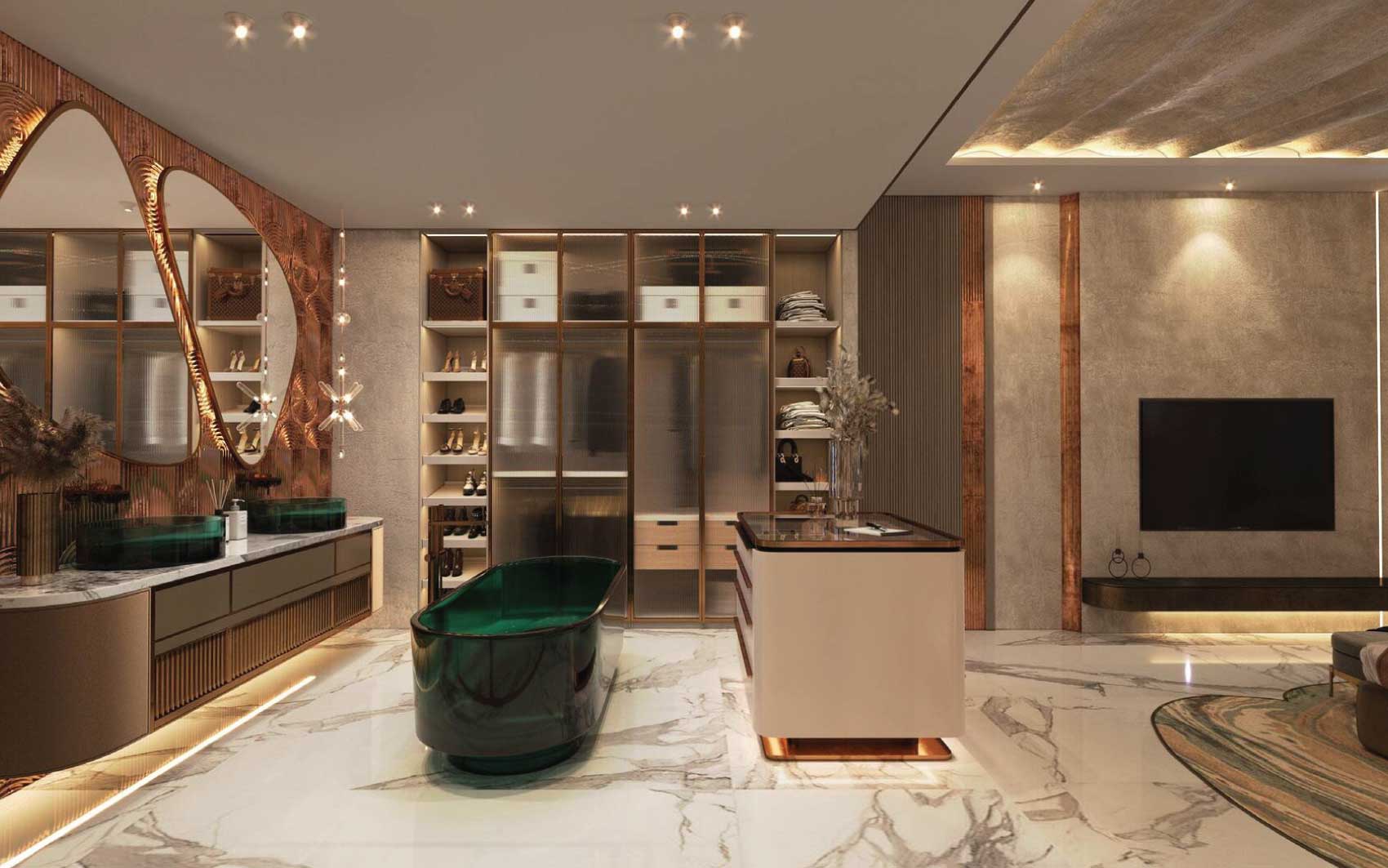 Opulent walk-in closet with green freestanding bathtub and marble flooring