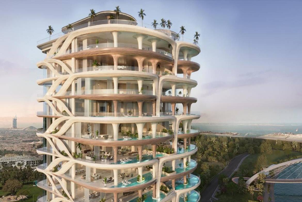 Architectural view of luxury tower with curved balconies and private pools
