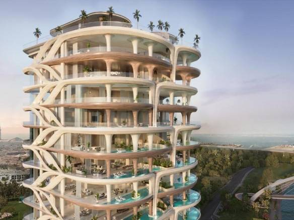 Architectural view of luxury tower with curved balconies and private pools