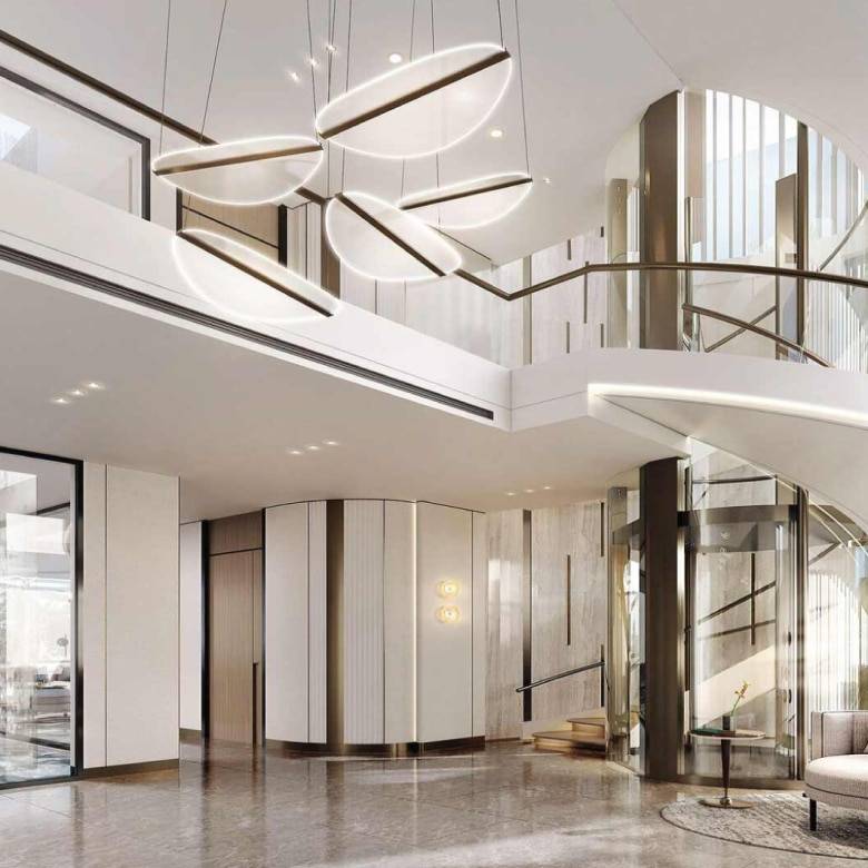 Luxury interior with spiral staircase and modern chandelier design