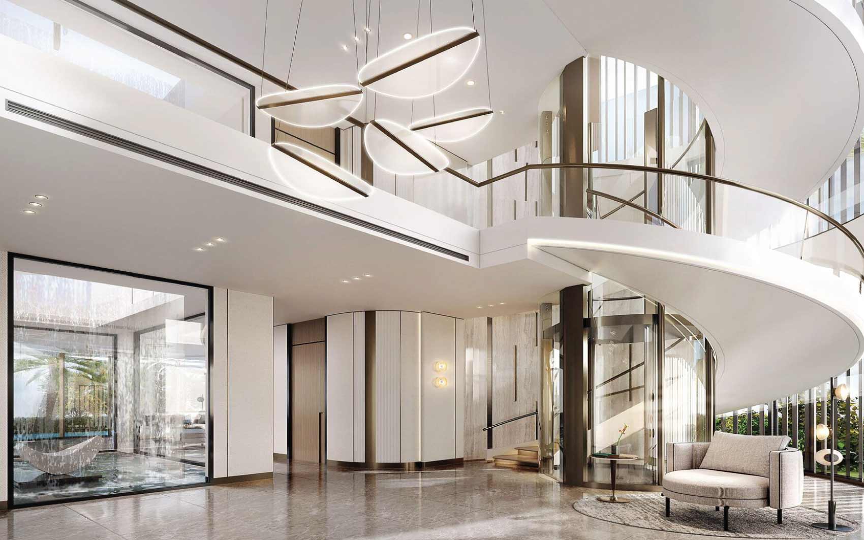 Luxury interior with spiral staircase and modern chandelier design