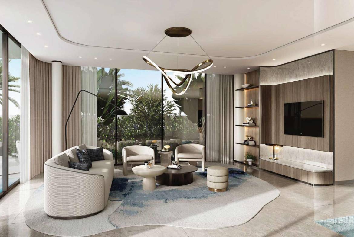 Modern living room with designer furniture and garden view in luxury villa