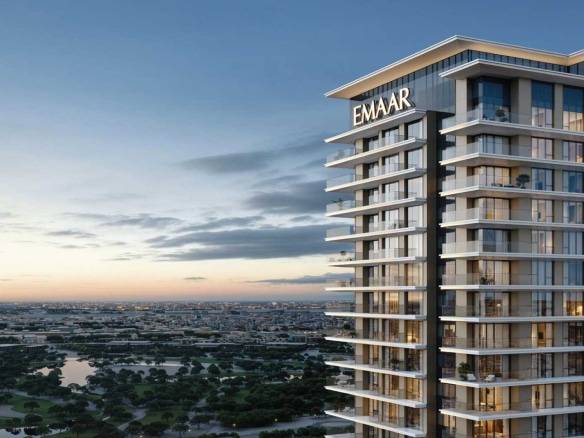 Emaar high-rise residential tower with panoramic views at sunset
