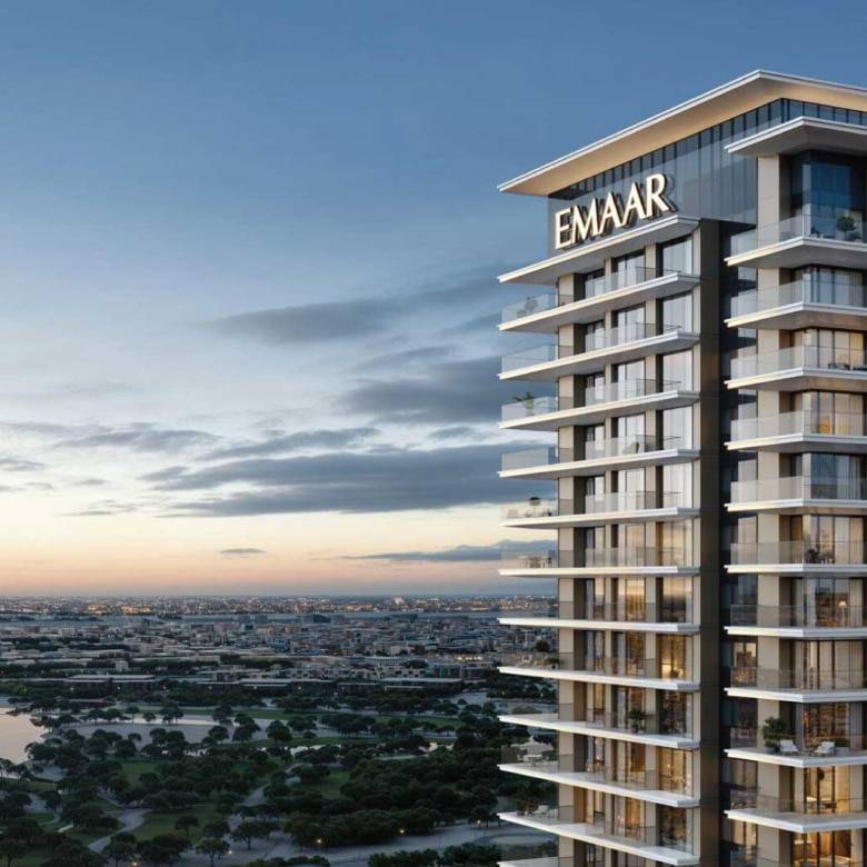 Emaar high-rise residential tower with panoramic views at sunset