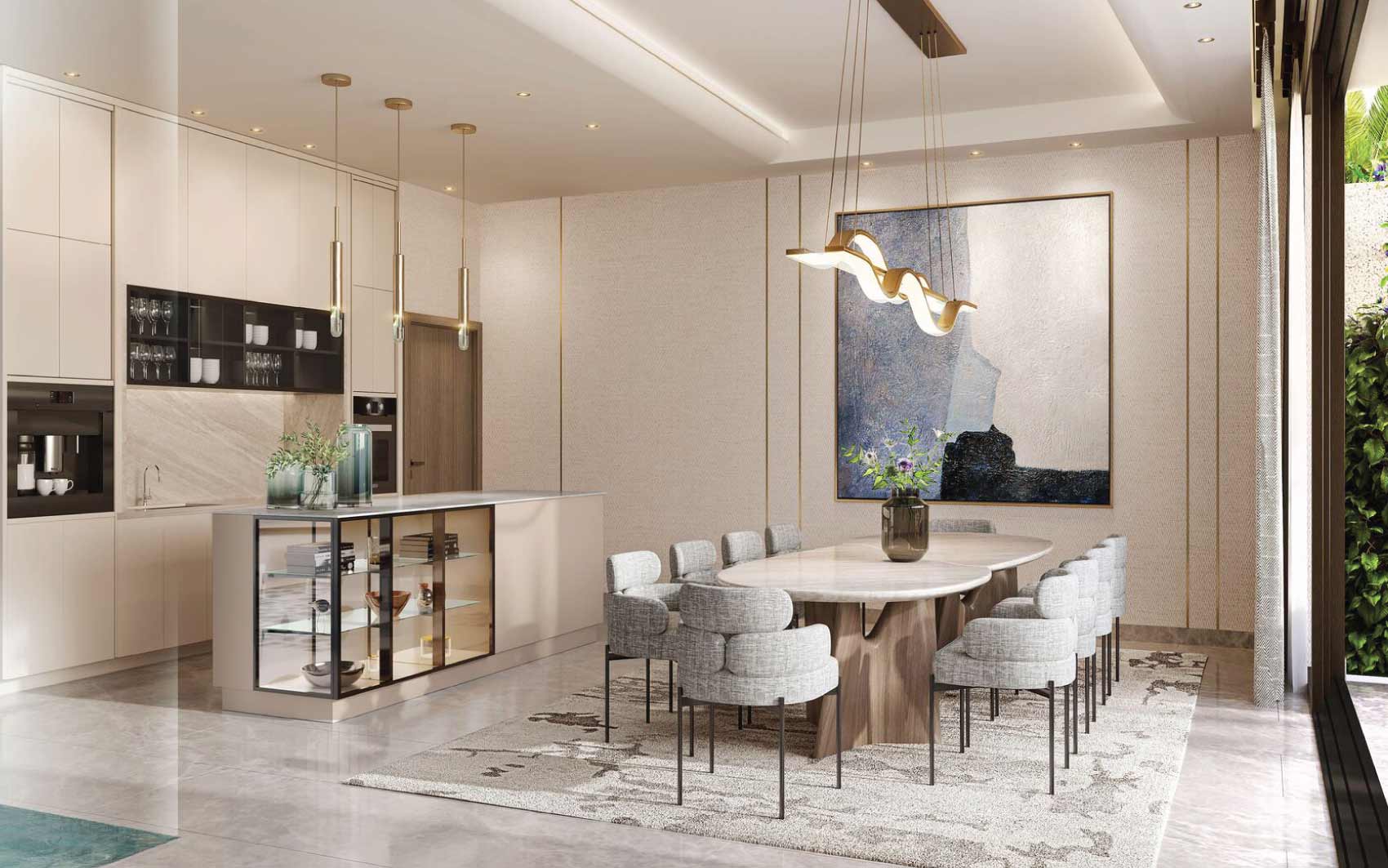 Contemporary open kitchen and dining area with modern lighting and upscale finishes