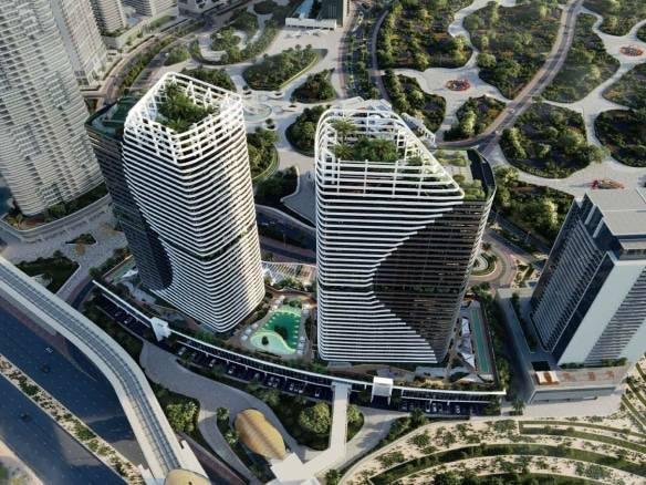 Aerial view of twin modern skyscrapers with rooftop gardens and surrounding cityscape