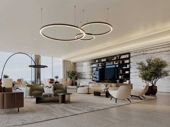 Elegant luxury lounge with modern circular chandeliers, designer furniture, and panoramic windows