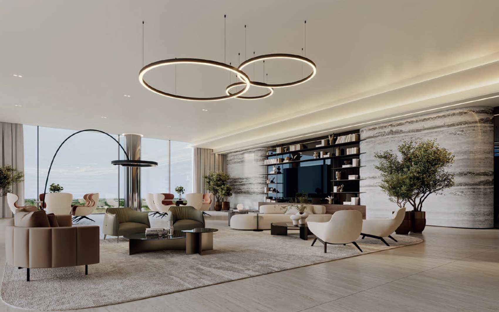 Elegant luxury lounge with modern circular chandeliers, designer furniture, and panoramic windows