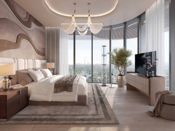 Elegant bedroom with curved floor-to-ceiling windows and city skyline view