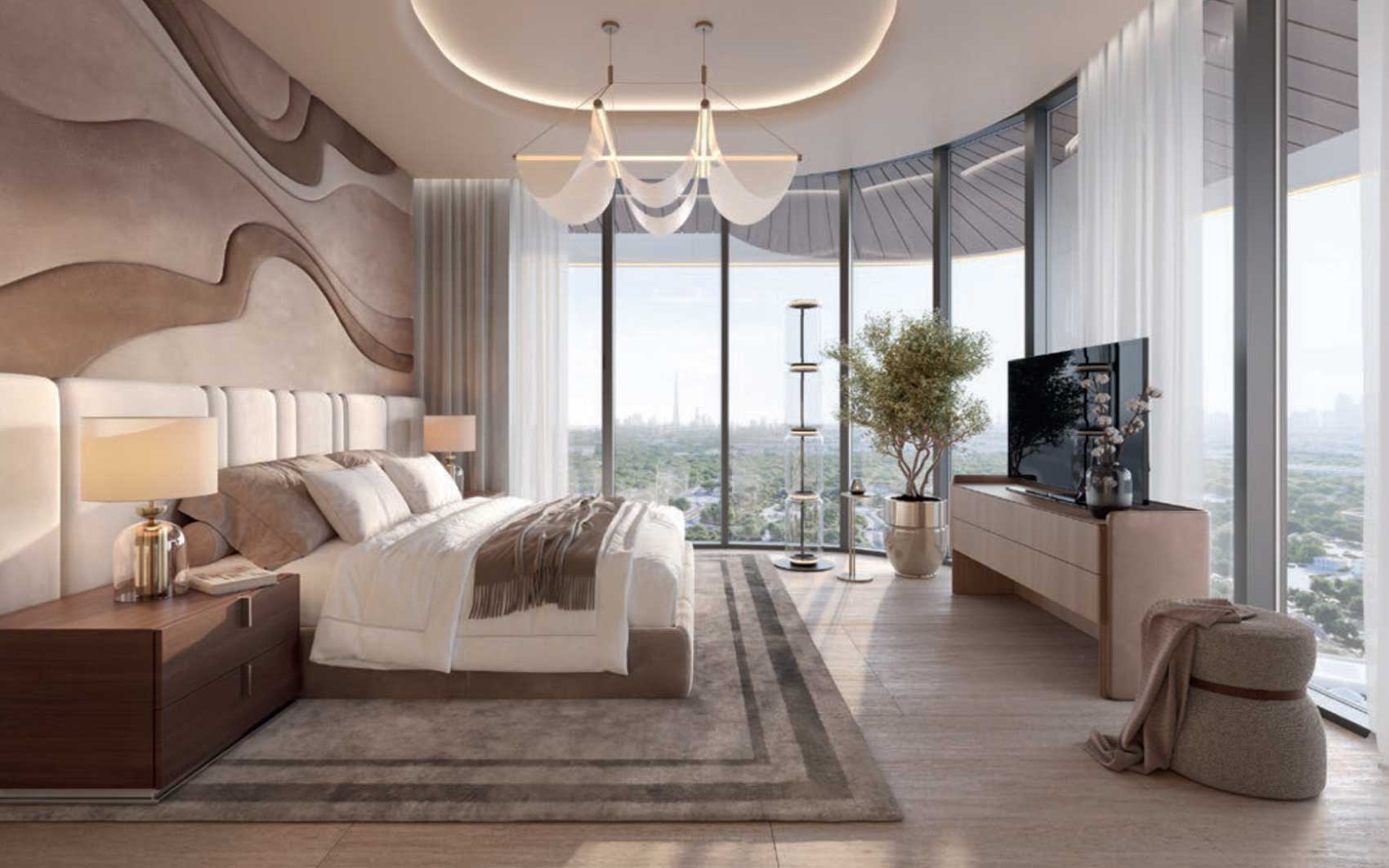 Elegant bedroom with curved floor-to-ceiling windows and city skyline view
