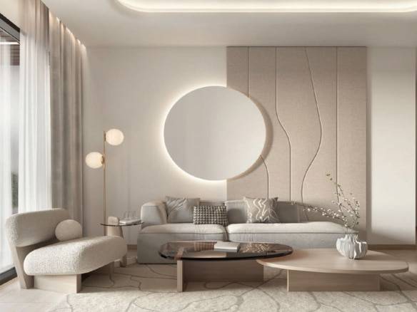 Minimalist modern living room with circular wall light and neutral-toned furniture