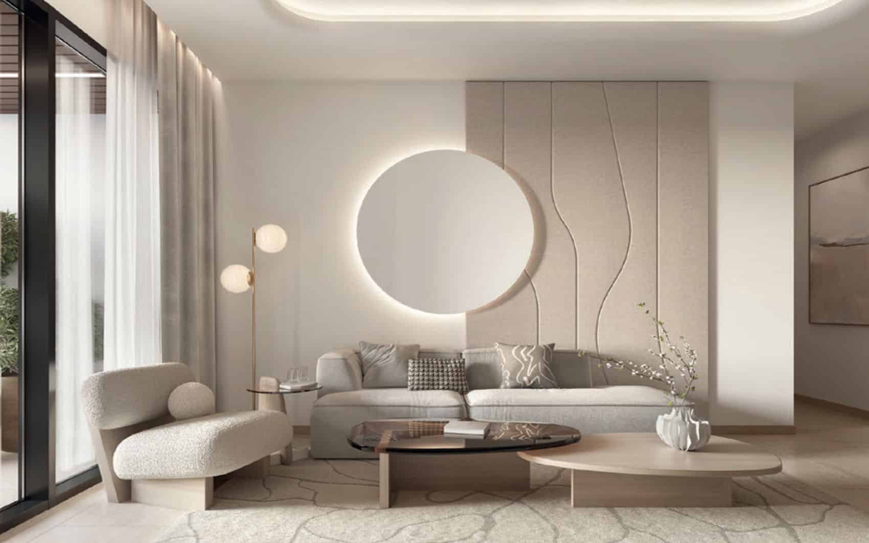 Minimalist modern living room with circular wall light and neutral-toned furniture