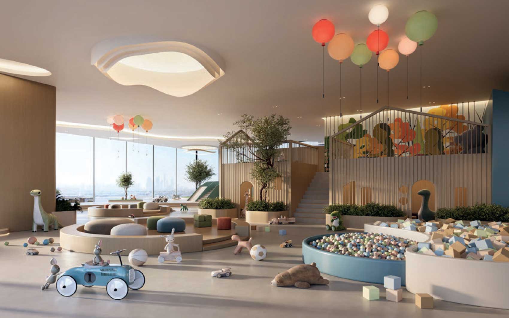 Luxury indoor kids’ play area with ball pit, climbing structures, and panoramic city views