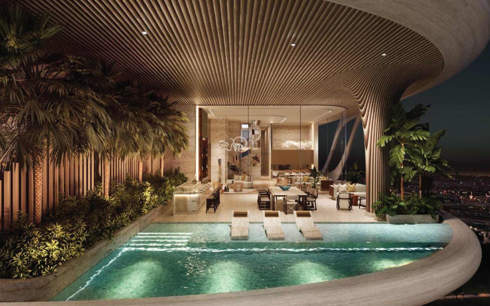 Rooftop infinity pool with luxury outdoor lounge and dining area