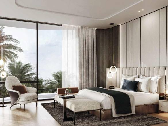 Elegant bedroom with floor-to-ceiling windows and palm tree view