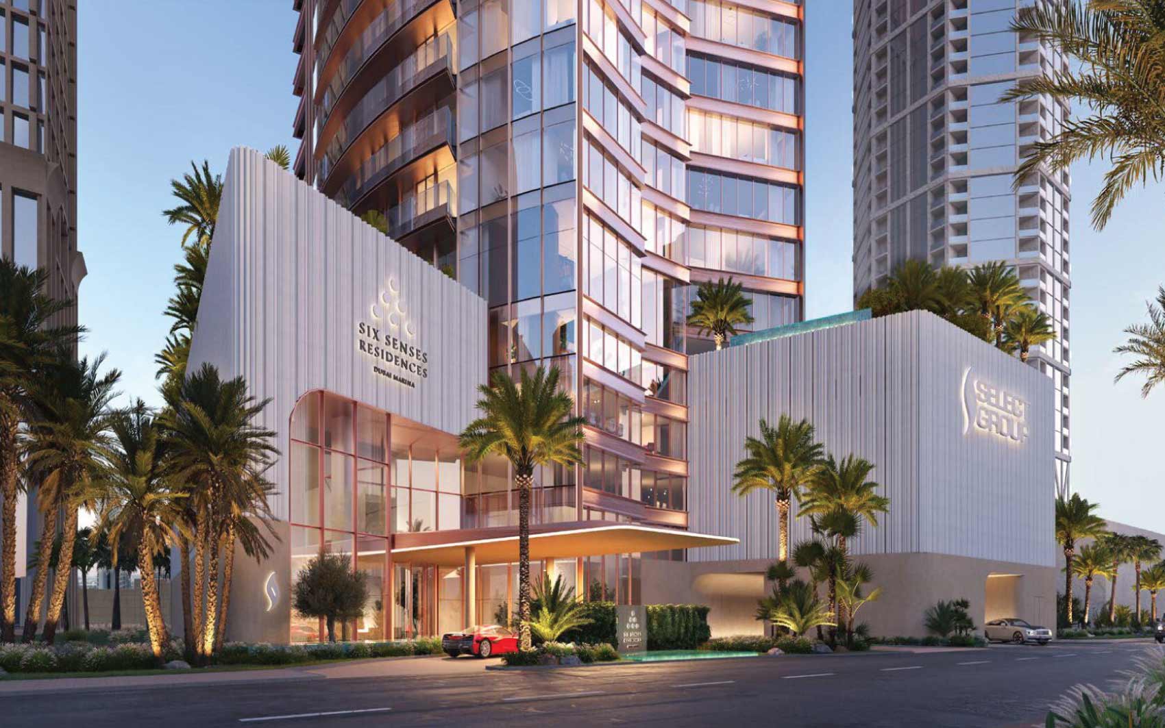 Exterior view of Six Senses Residences Dubai Marina with modern architecture