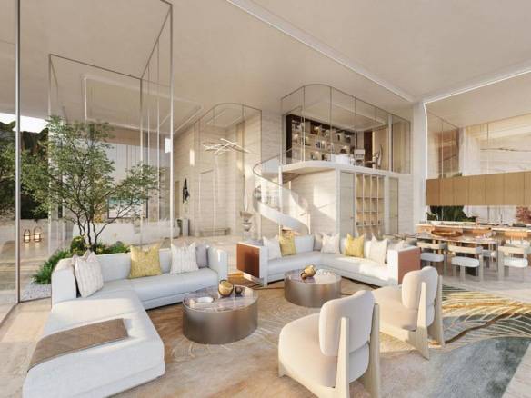 Luxurious open-plan living area with indoor garden and spiral staircase