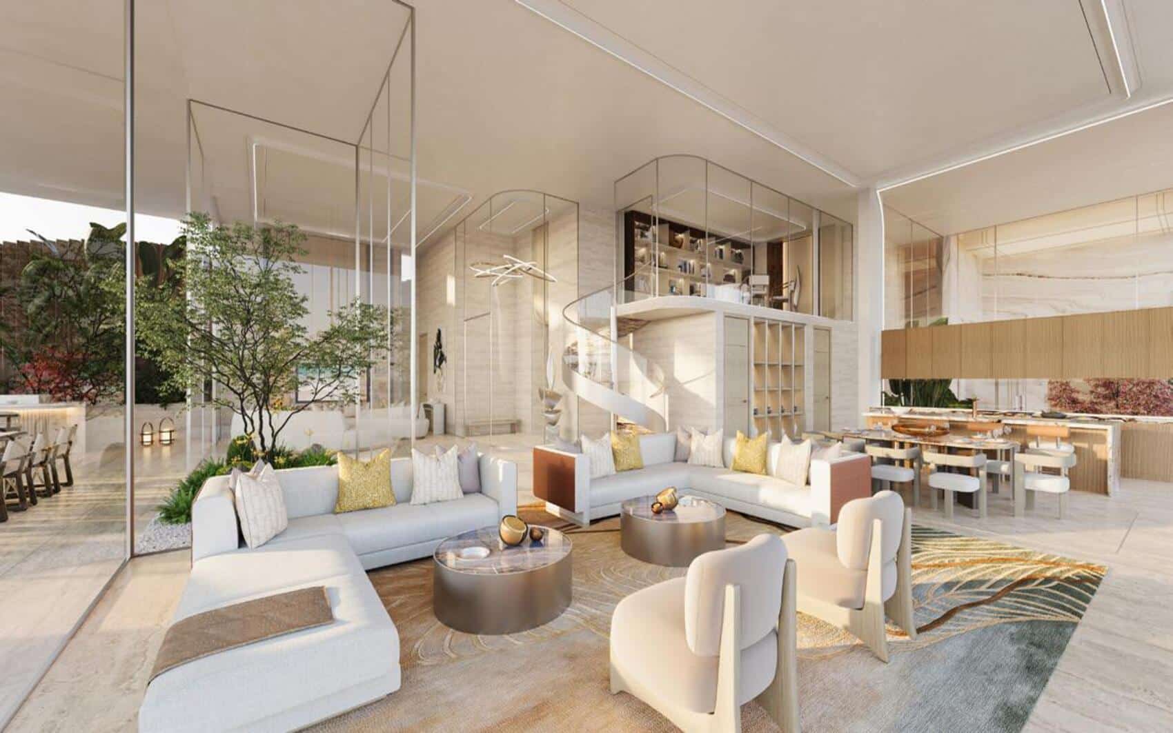 Luxurious open-plan living area with indoor garden and spiral staircase