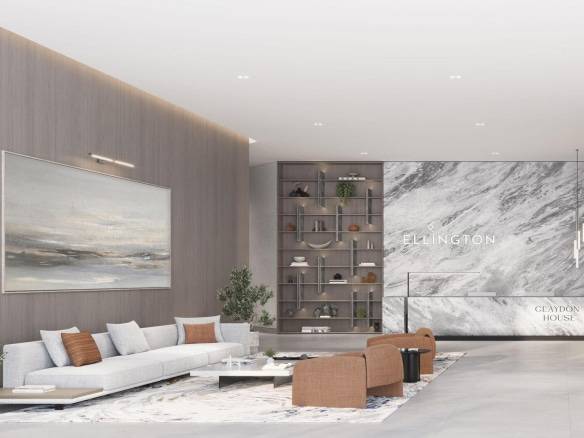 Stylish lobby of Ellington Claydon House with marble accents and modern seating