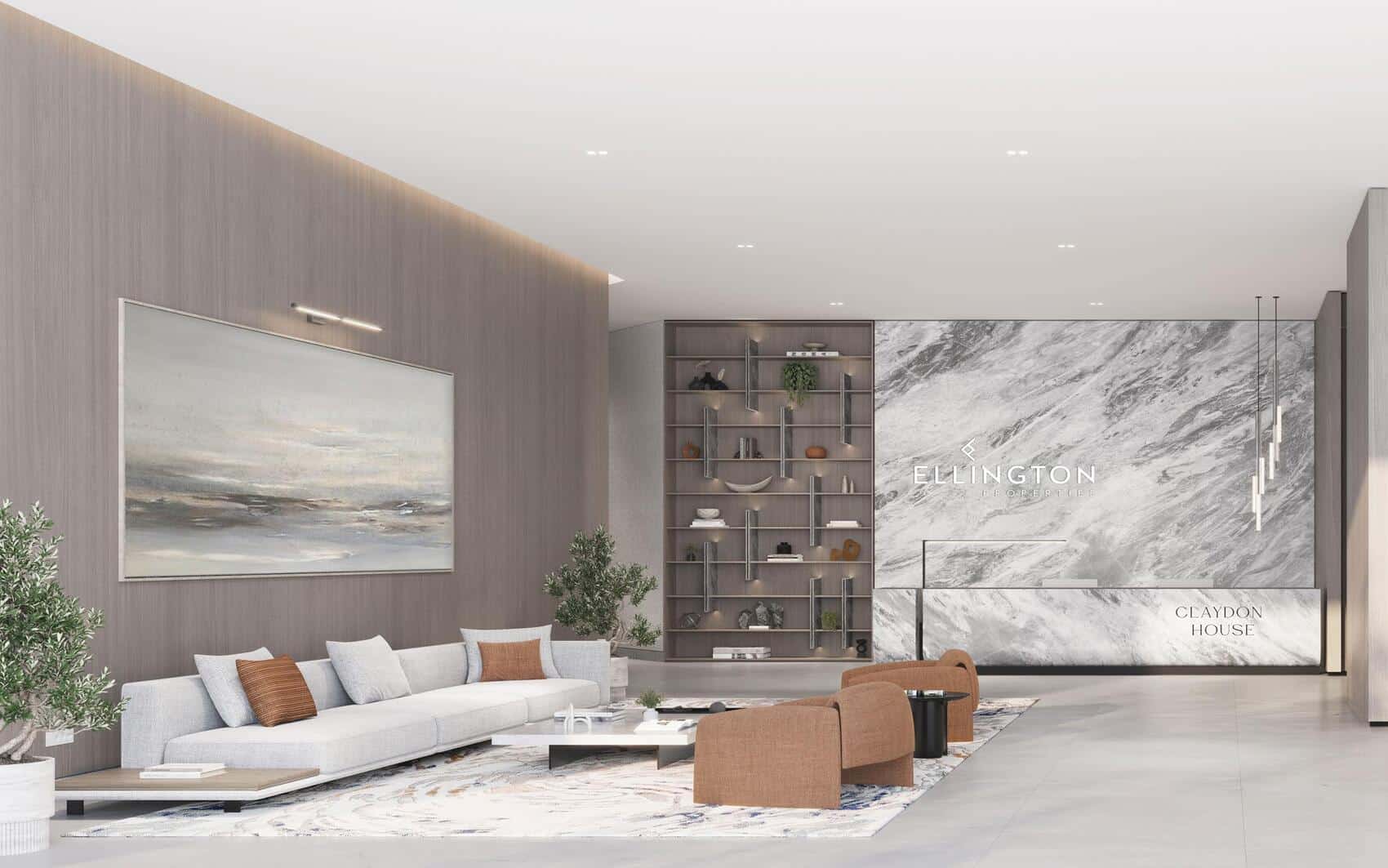 Stylish lobby of Ellington Claydon House with marble accents and modern seating