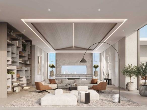Modern luxury living room with designer furniture and panoramic city views