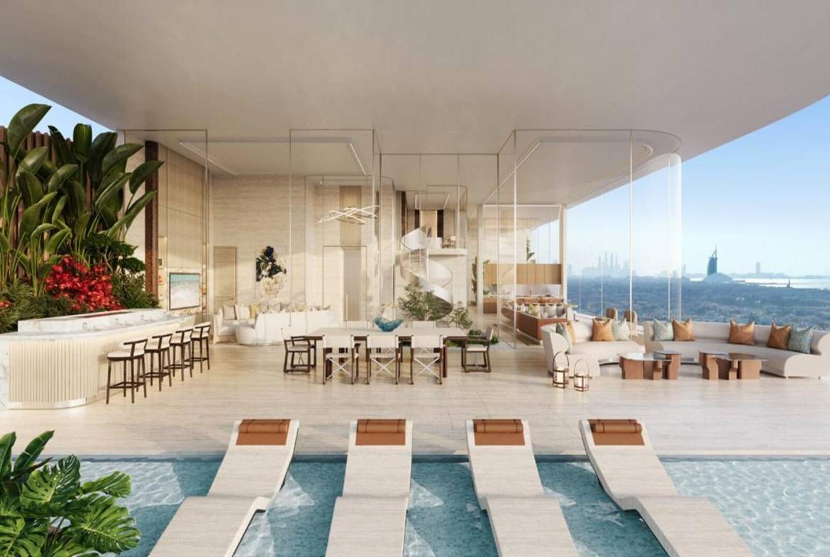 Elegant rooftop lounge with infinity pool, panoramic city skyline, and luxury seating