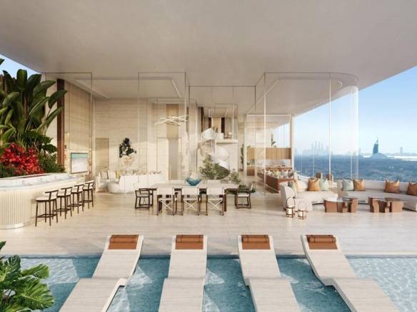 Elegant rooftop lounge with infinity pool, panoramic city skyline, and luxury seating