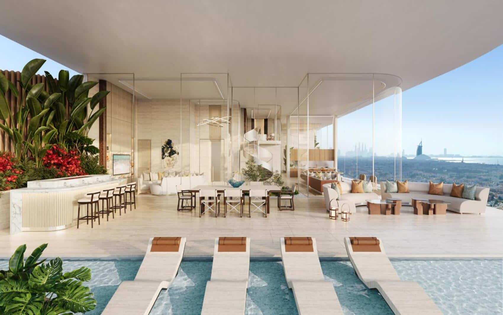 Elegant rooftop lounge with infinity pool, panoramic city skyline, and luxury seating