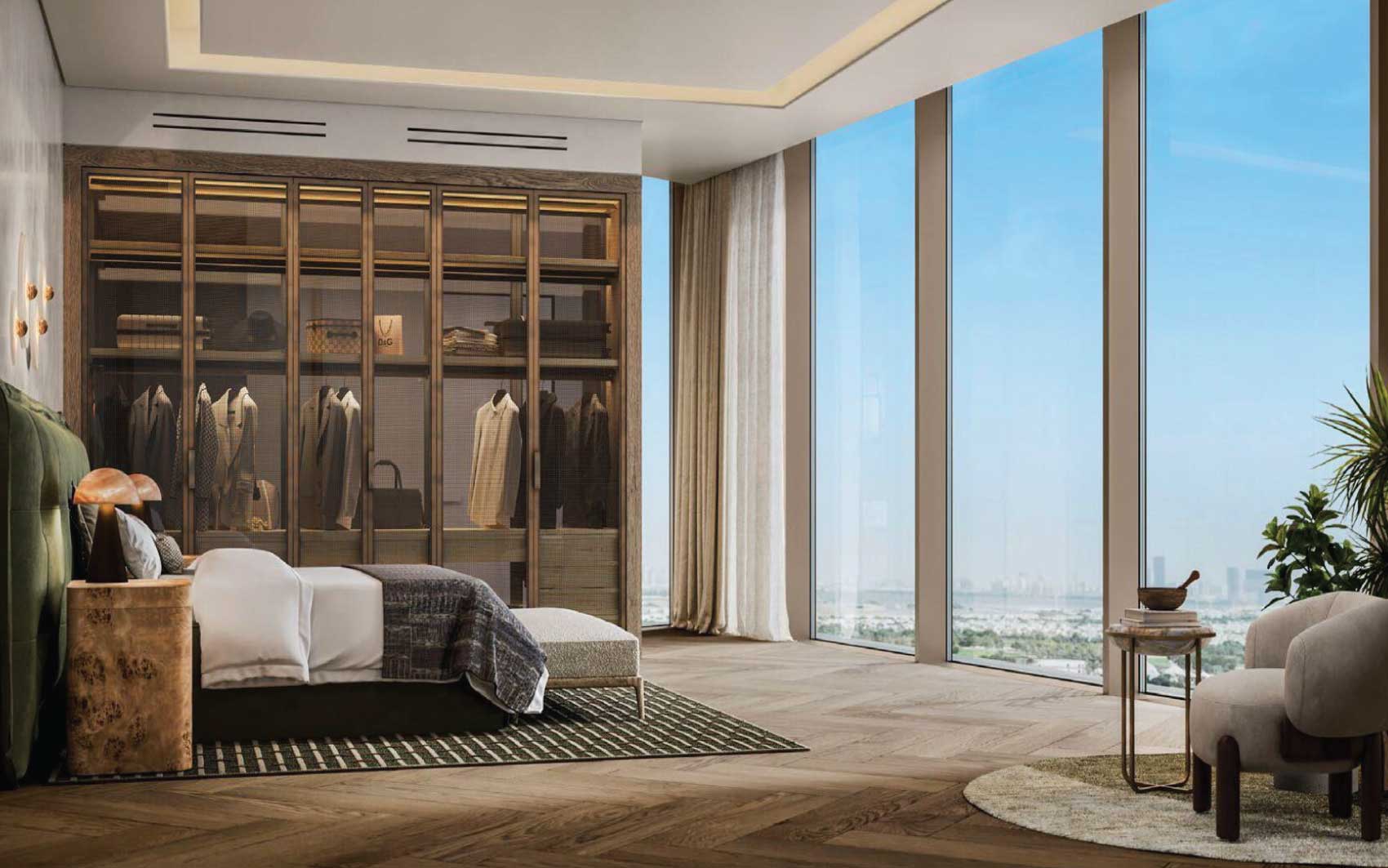 Minimalist luxury bedroom with panoramic city views and glass wardrobe
