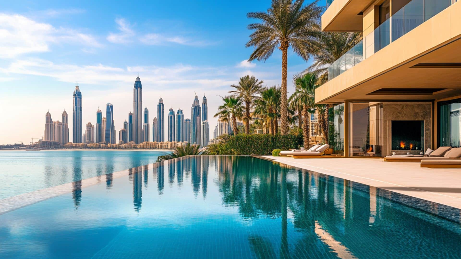 Luxury villa in Dubai featuring a pool surrounded by palm trees, showcasing an opulent outdoor living space