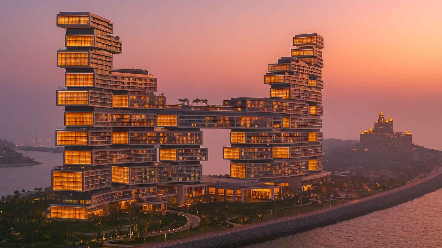 Atlantis The Royal luxury resort in Dubai illuminated at sunset with unique architectural design on Palm Jumeirah