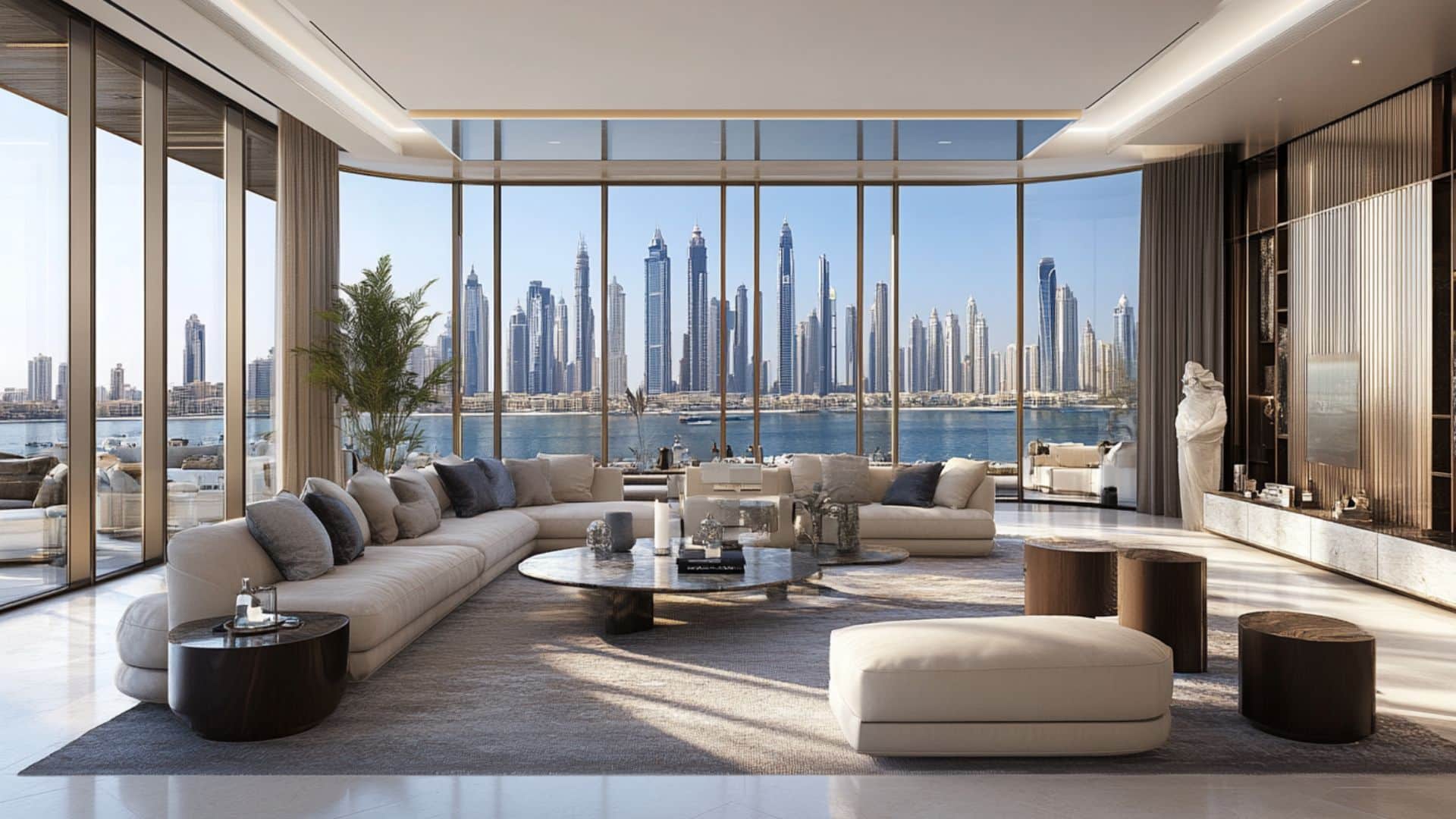 Spacious luxury penthouse in Dubai with panoramic waterfront and skyline views from floor-to-ceiling windows