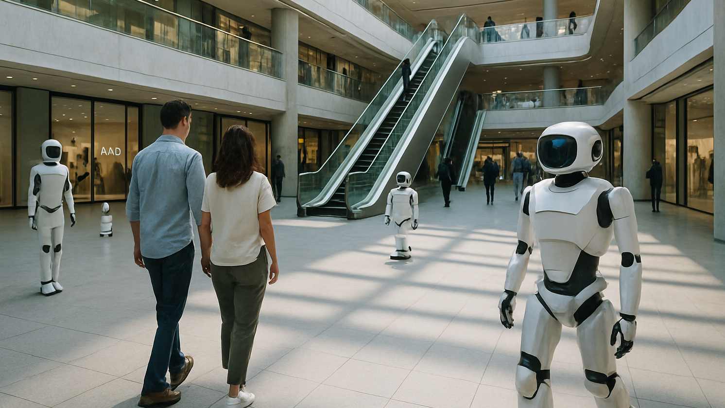 Robot navigating through a busy shopping mall, surrounded by shoppers and various retail stores
