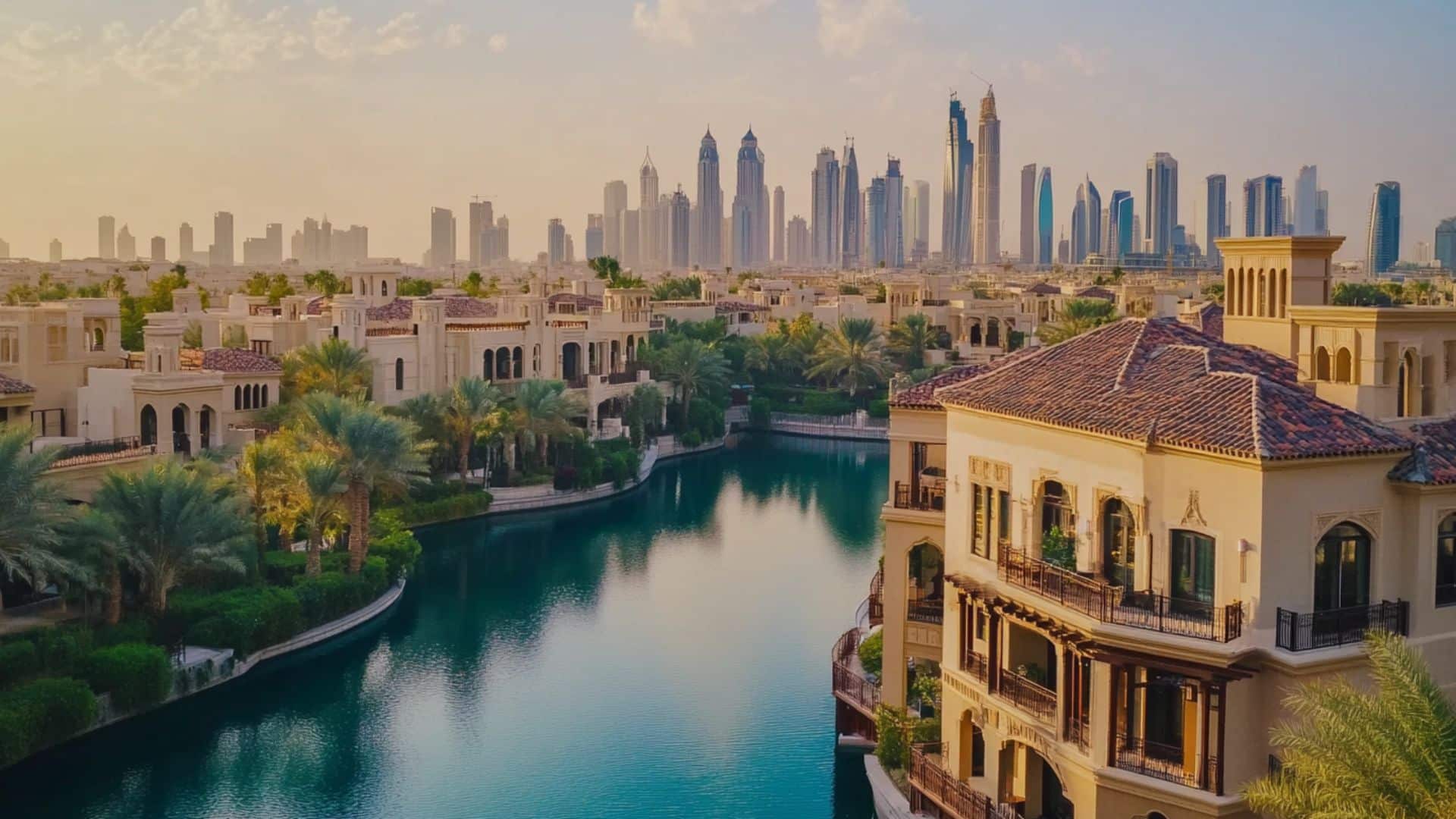 Dubai skyline viewed from the water, showcasing modern skyscrapers against a clear blue sky