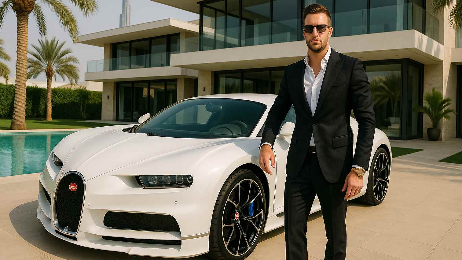 Stylish man in black suit posing with luxury white Bugatti sports car in front of modern villa with palm trees and private pool in Dubai