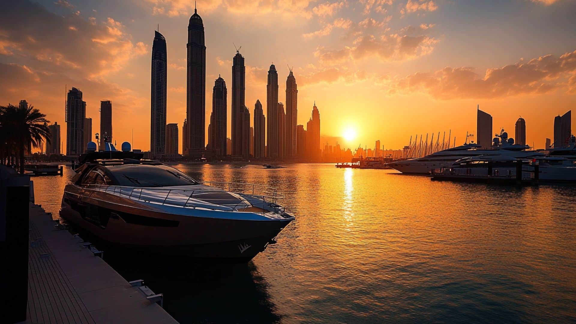 Luxury yachts docked at Dubai Marina with modern skyscrapers and golden sunset reflecting on the water