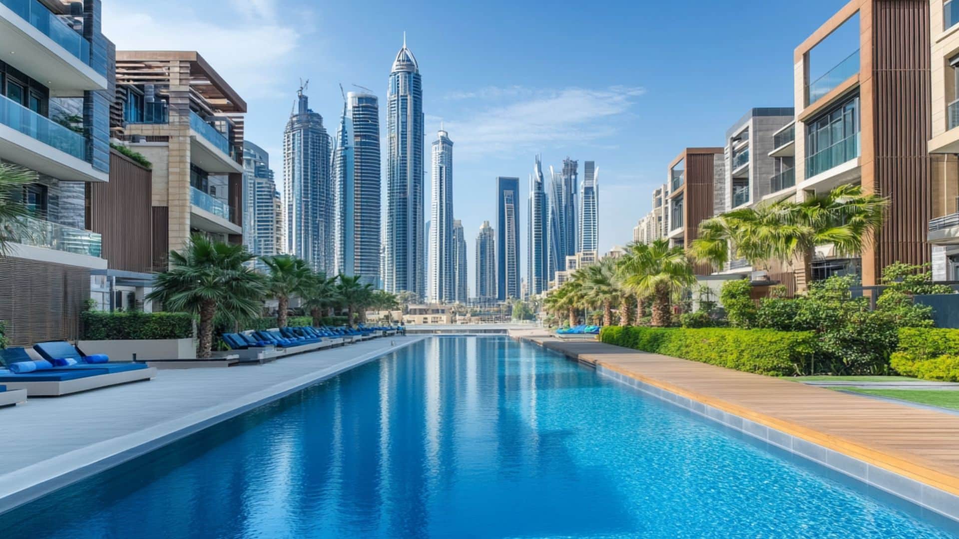 Luxury residential complex in Dubai Marina featuring a long swimming pool, palm trees, sun loungers, and panoramic views of skyscrapers
