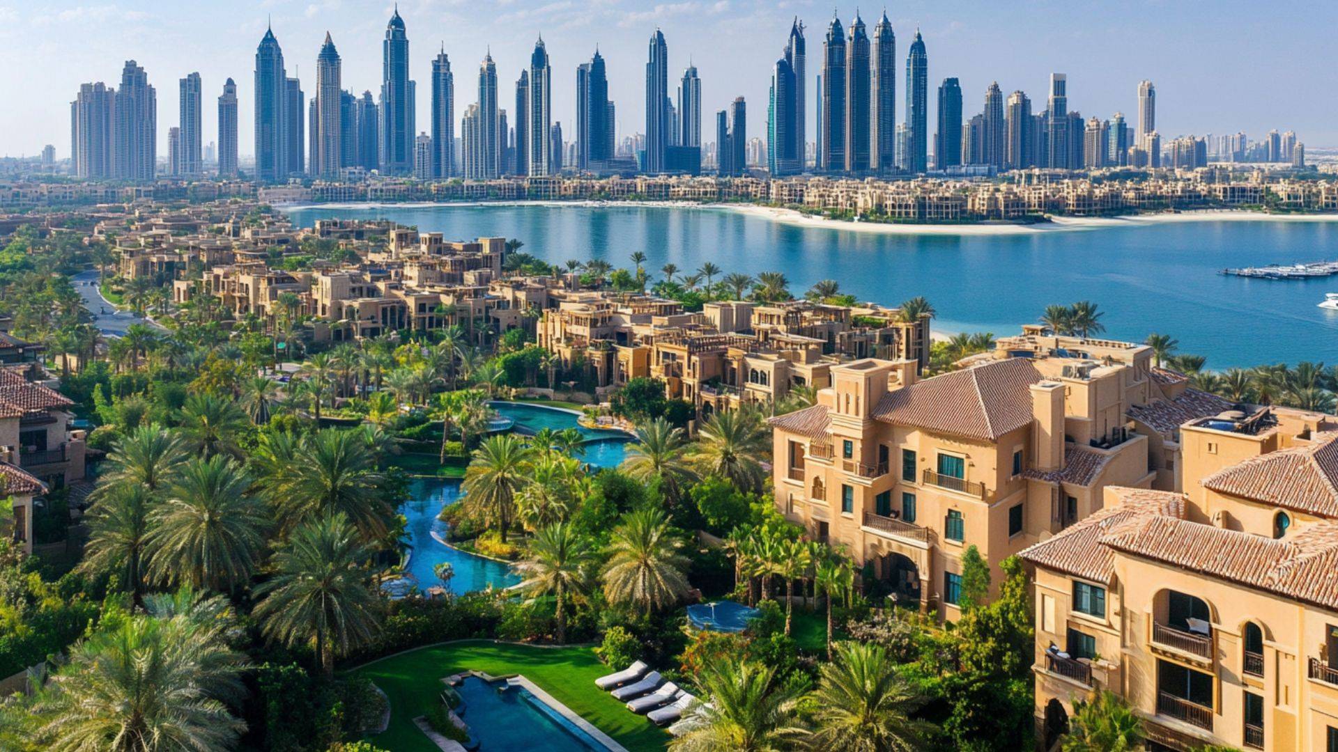 Luxury villas with lush greenery and lagoon pools on Palm Jumeirah overlooking Dubai Marina skyline