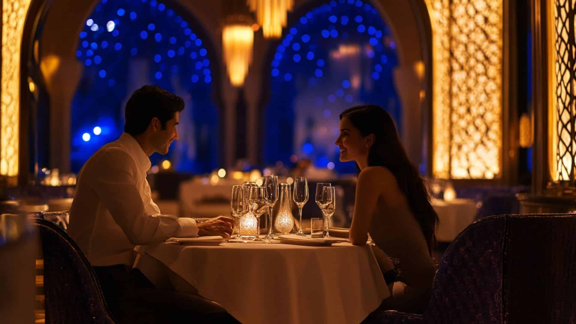 Elegant couple enjoying a romantic fine dining experience at a luxury restaurant in Dubai with candlelight and stylish decor