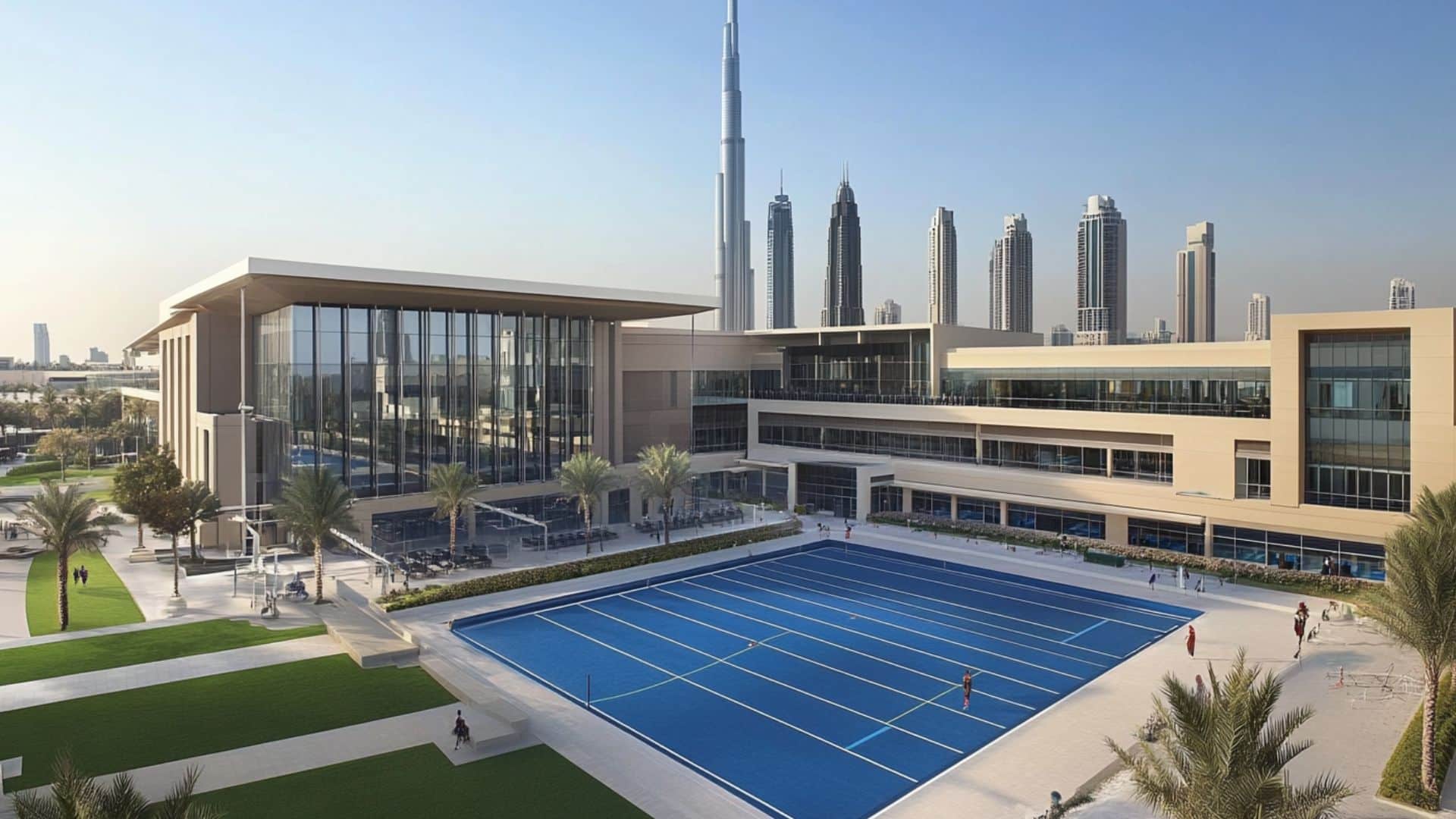 Modern Dubai school campus with sports facilities, tennis courts, and Burj Khalifa skyline in the background