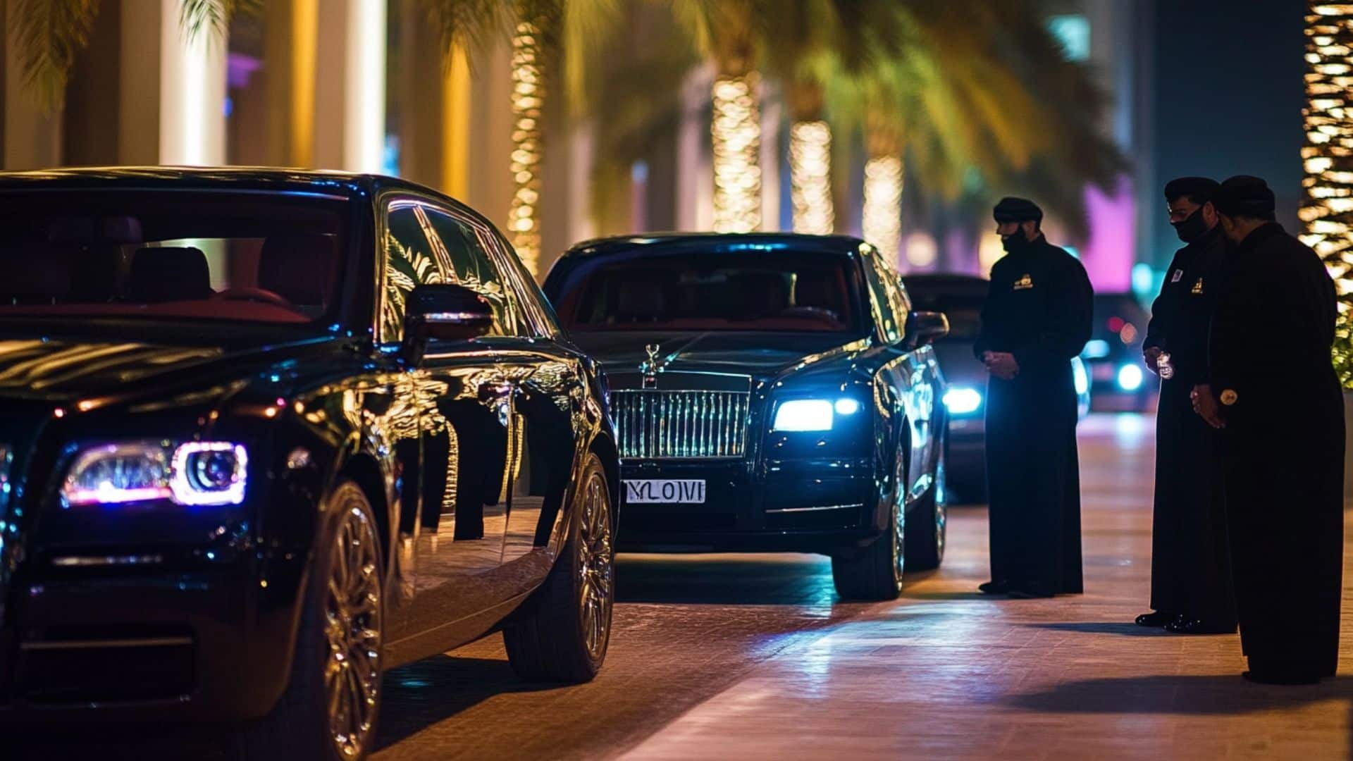 Rolls-Royce cars with chauffeurs in Dubai at night, luxury lifestyle with palm trees and illuminated streets