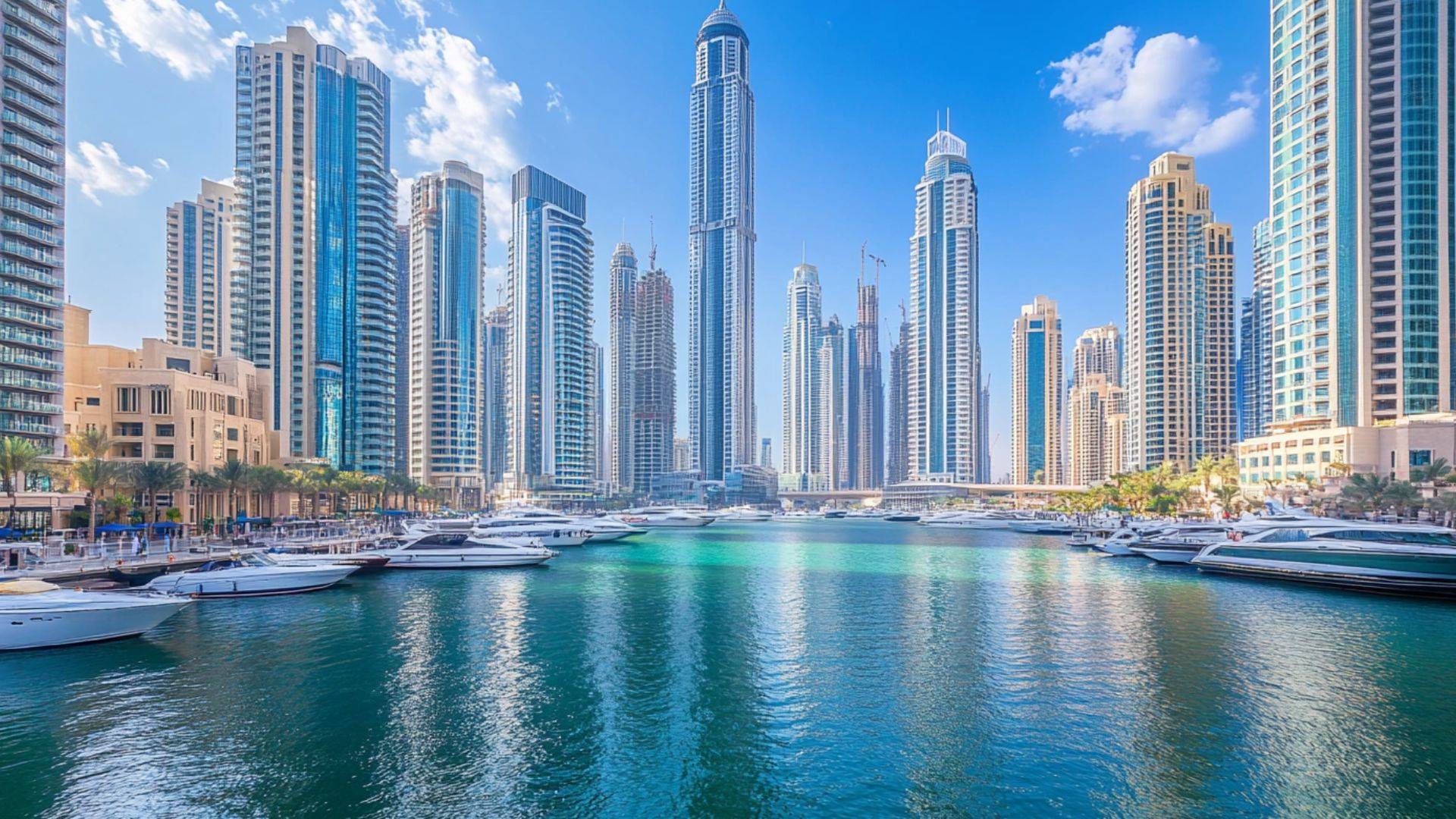 Vibrant Dubai Marina waterfront with luxury yachts, high-rise towers, and turquoise waters