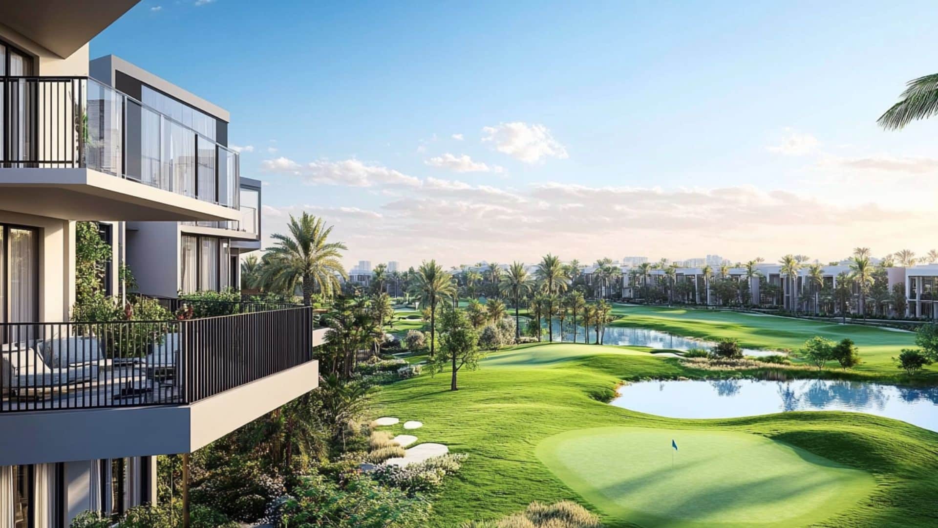 Luxury Dubai apartment with spacious balcony overlooking golf course, palm trees, and landscaped greenery for premium lifestyle living