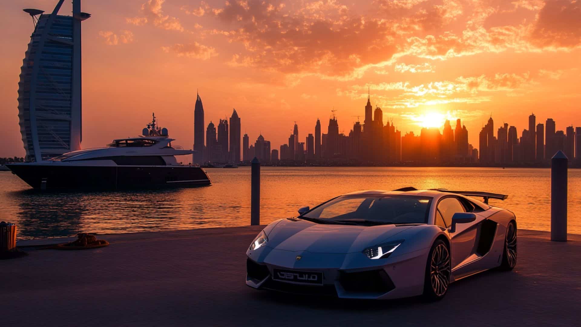 Lamborghini sports car and luxury yacht at Dubai Marina with Burj Al Arab and skyline views during sunset